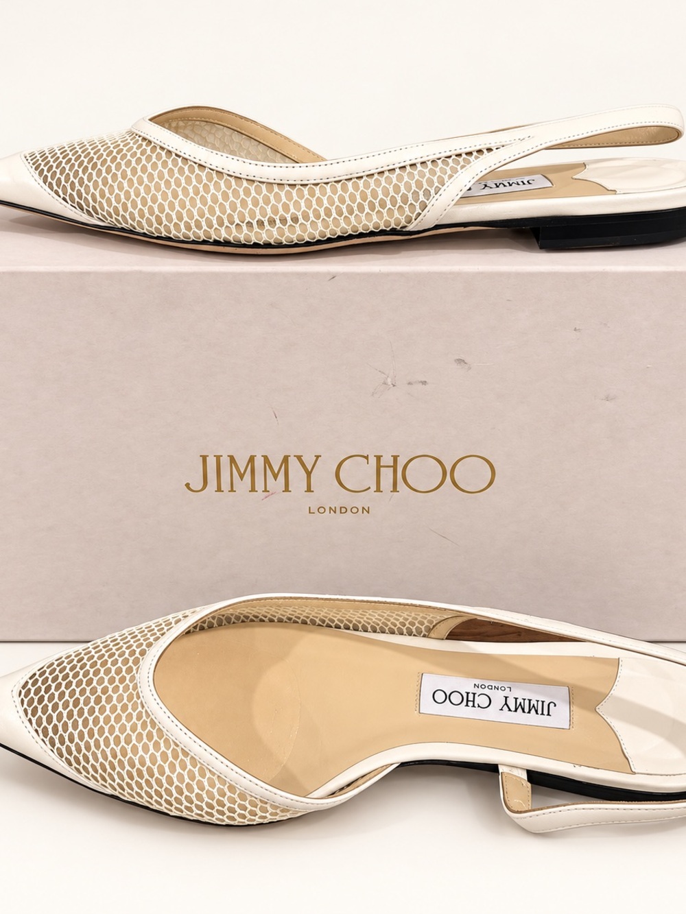 Jimmy Choo Cream & Beige Mesh Slingback Pointed Flats